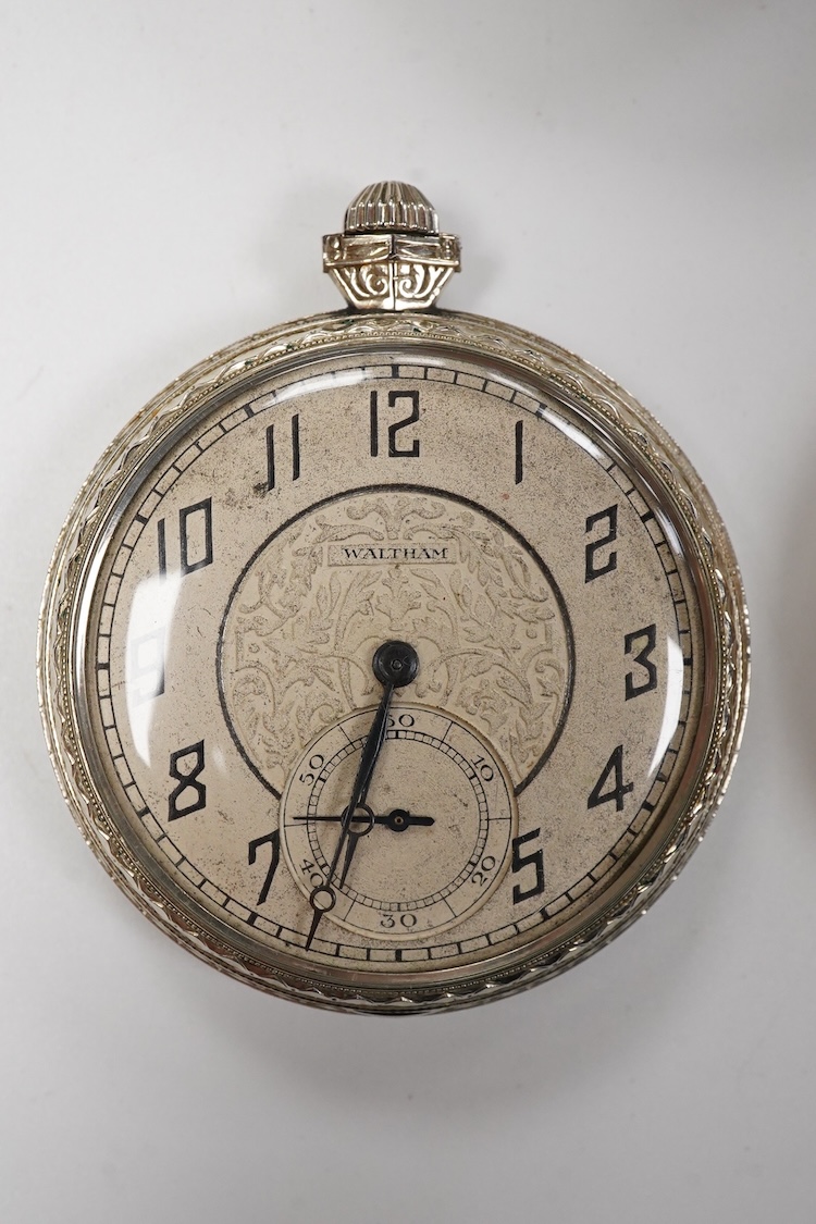 Two Waltham base metal keyless pocket watches including a dress pocket watch with Arabic dial and subsidiary seconds, together with a gold plated open faced keyless pocket watch and a base and gun metal 'Regulateur' open